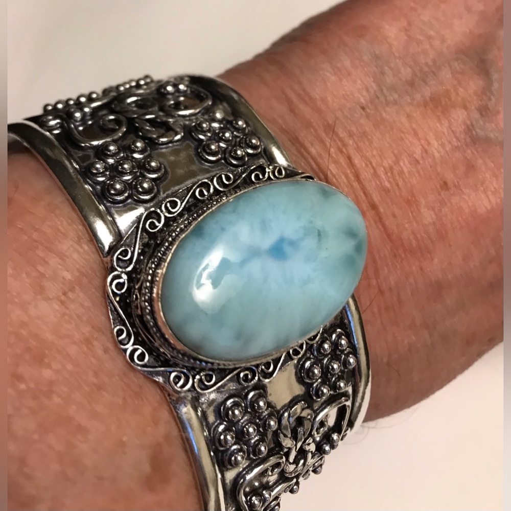 Larimar Stamped 925 Sterling Silver Cuff Bracelet